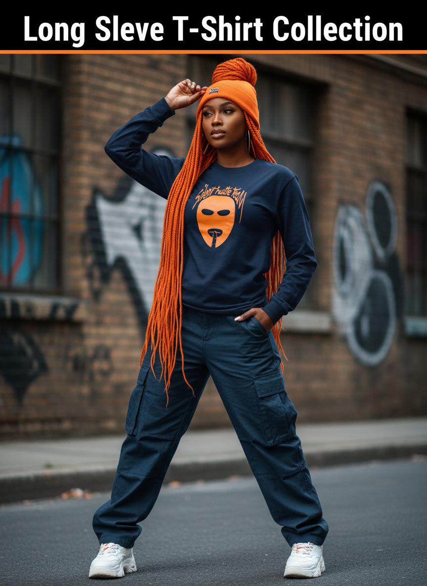 Long Sleeve T-Shirt Banner - Blue with Orange Silent Hustle Team Logo