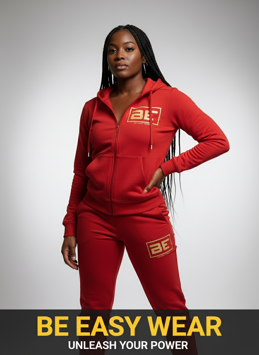 Red Jogging Suit Banner - Black Female Model
