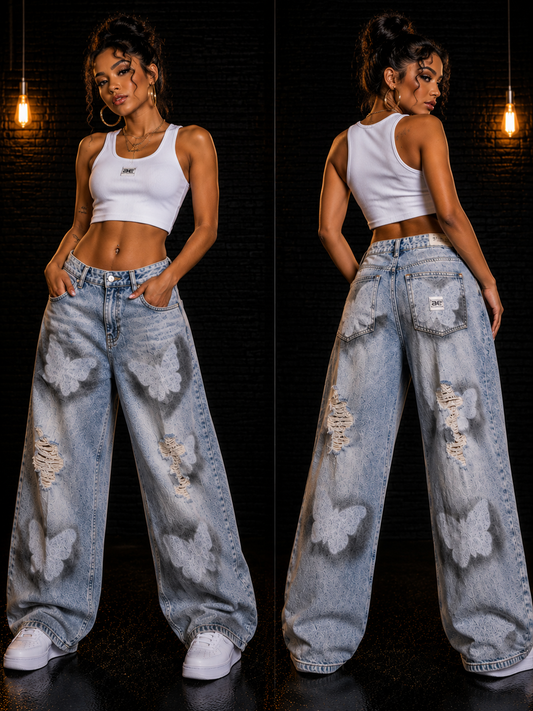 Butterfly Denim Jeans Wide Leg