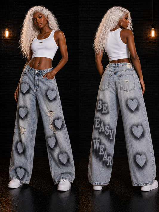 Heart Denim Jeans Wide Leg