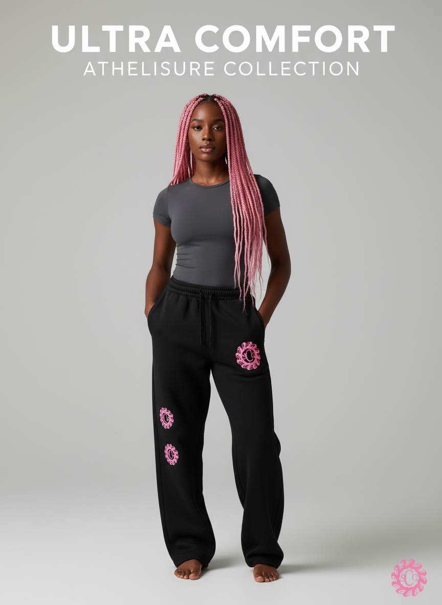 Black Jogging Pants with Pink Logo Banner - Black Female Model with Pink Dreads